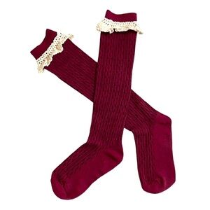 Burgundy cable knit knee socks with ivory crochet lace ruffle